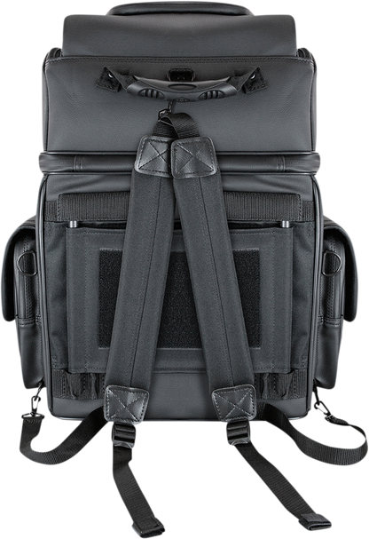 Black Sissy Bar Bag from SADDLEMEN BR3400D for motorcycle sissy bars, designed for secure storage and easy access.