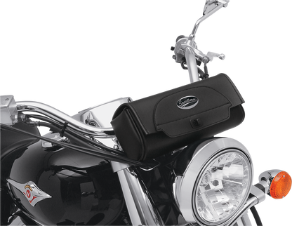 Medium Saddlemens Cruis'n Tool Bag mounted on a motorcycle seat, designed for easy access and secure storage.