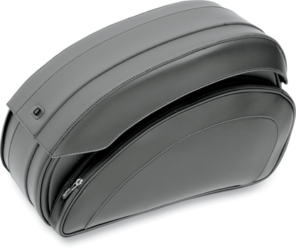 Black SADDLEMEN Deluxe Throwover Saddlebag on motorcycle seat, designed for secure storage and easy access.