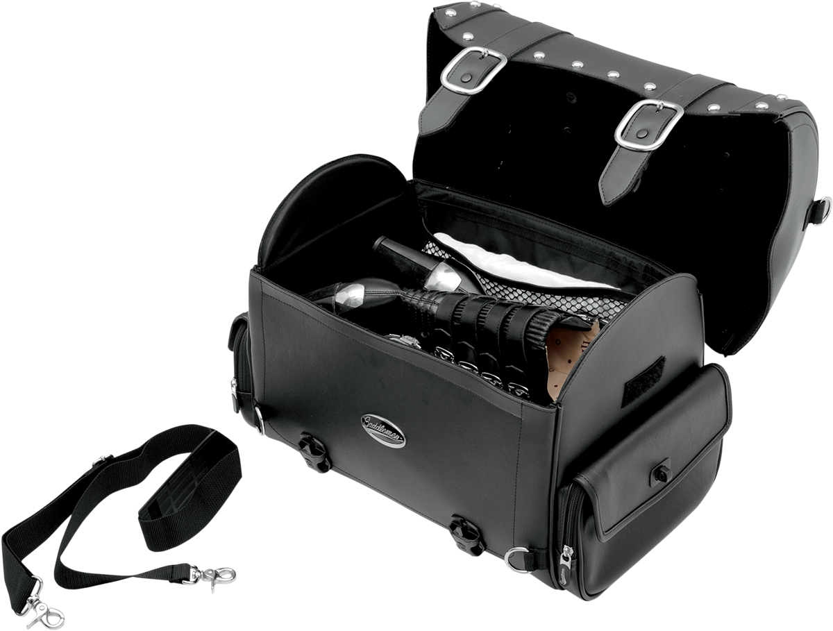 Bill's Exhausts Saddlemens Desperado Express Tail Bag mounted on motorcycle seat, showcasing durable storage design.
