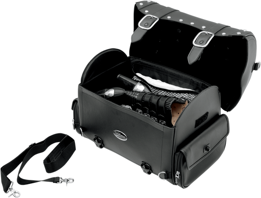 Bill's Exhausts Saddlemens Desperado Express Tail Bag mounted on motorcycle seat, showcasing durable storage design.