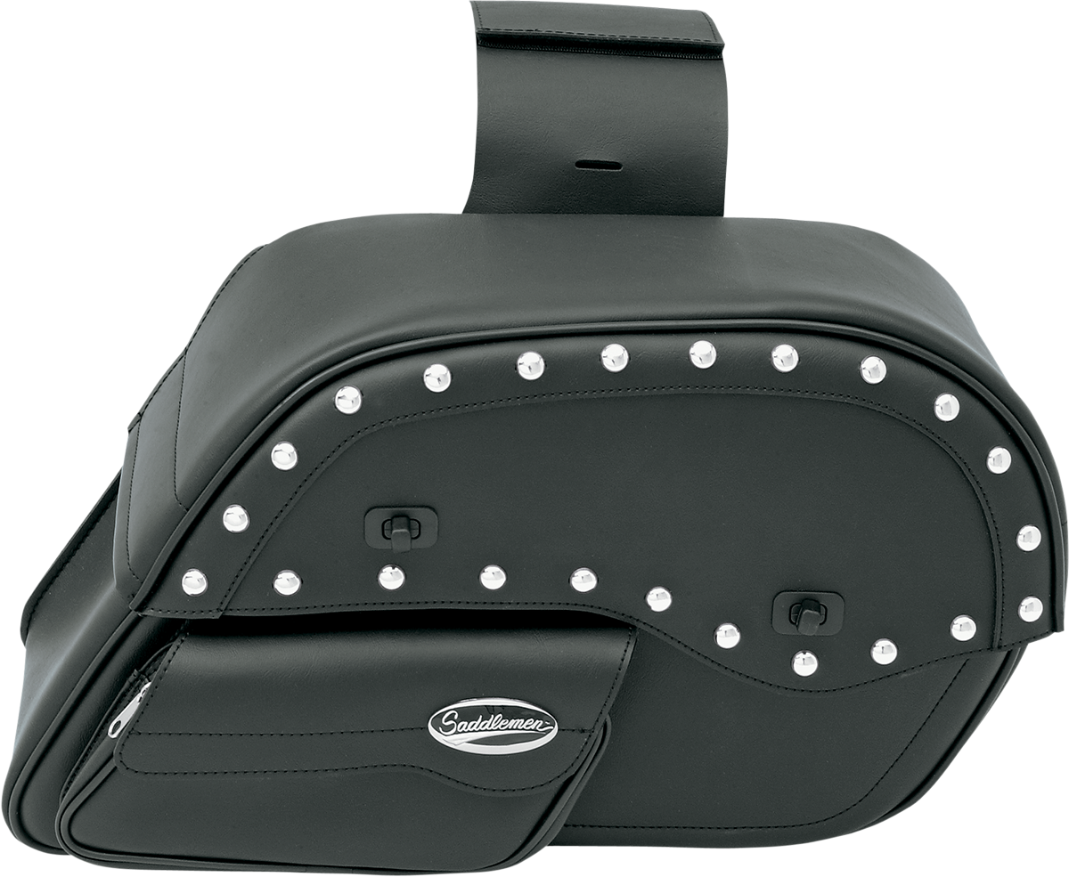 Large SADDLEMEN Desperado Slant Face Pouch Saddlebags on motorcycle seat, featuring durable leather and slant face design.