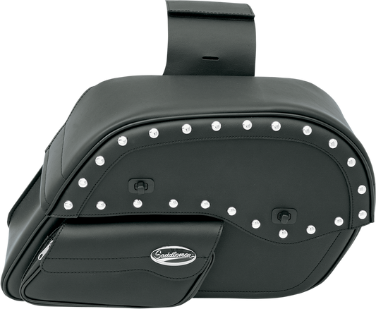 Large SADDLEMEN Desperado Slant Face Pouch Saddlebags on motorcycle seat, featuring durable leather and slant face design.