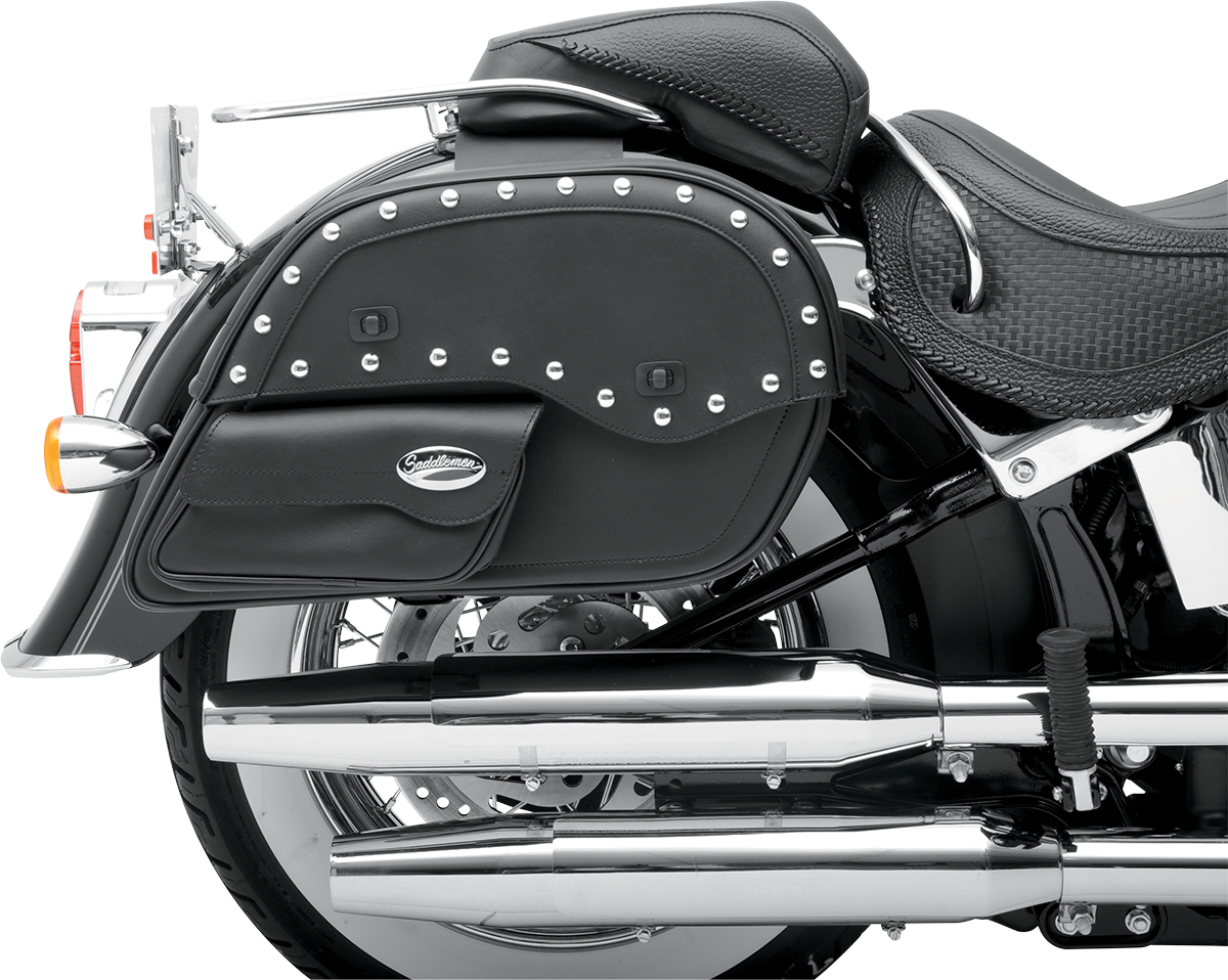 Large SADDLEMEN Desperado Slant Face Pouch Saddlebags on motorcycle seat, featuring durable leather and slant design for storage.