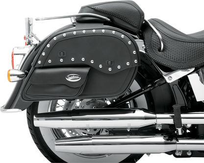 Large SADDLEMEN Desperado Slant Face Pouch Saddlebags on motorcycle seat, featuring durable leather and slant design for storage.