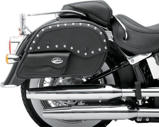 Large SADDLEMEN Desperado Slant Face Pouch Saddlebags on motorcycle seat, featuring durable leather and slant design for storage.