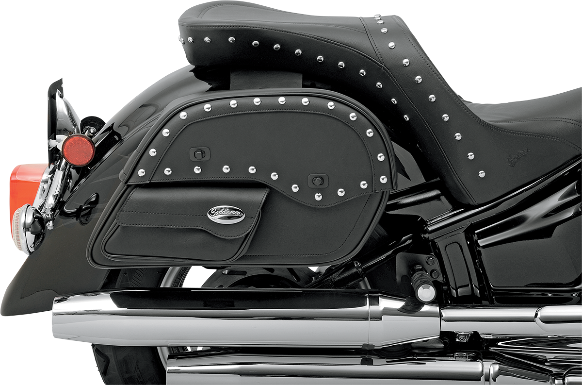 Large SADDLEMEN Desperado Slant Face Pouch Saddlebags on motorcycle seat, featuring durable construction and slant design.