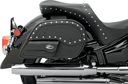 Large SADDLEMEN Desperado Slant Face Pouch Saddlebags on motorcycle seat, featuring durable construction and slant design.