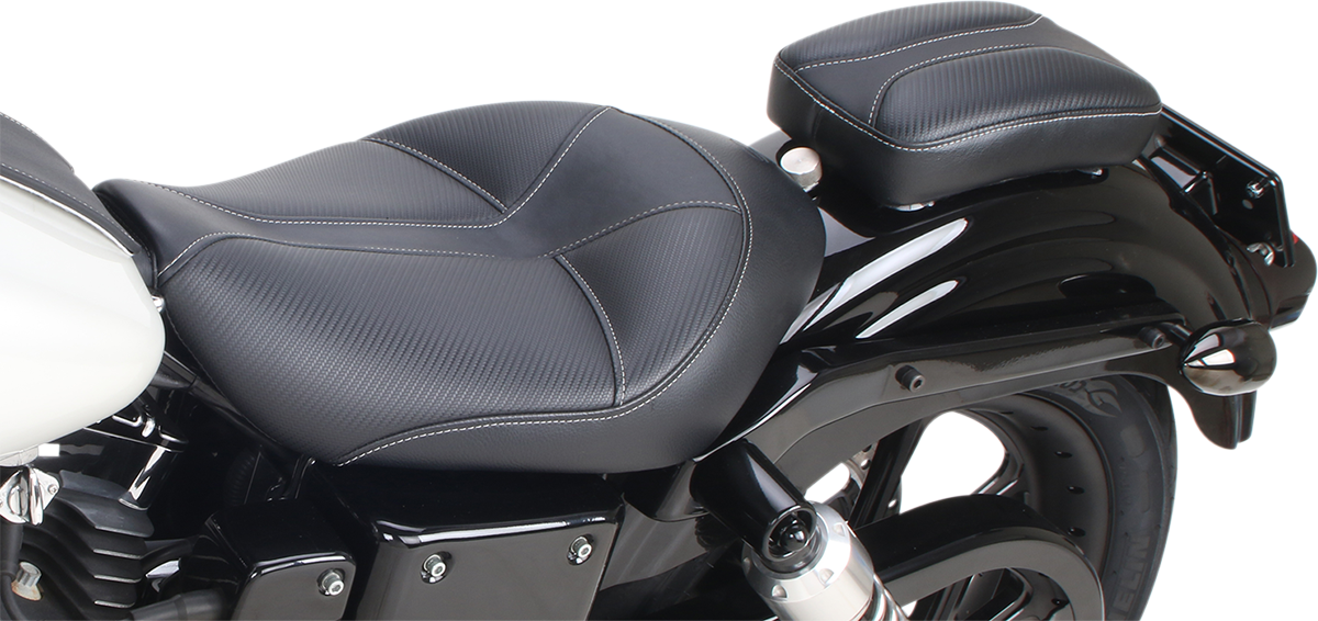 SADDLEMEN Dominator Pad motorcycle seat cushion in black, designed for comfort and durability, displayed on a motorcycle seat