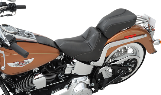Black SADDLEMEN Dominator Pillion Pad with gray stitching, standard reach seat for motorcycle passenger comfort, by Bill's Exhausts.