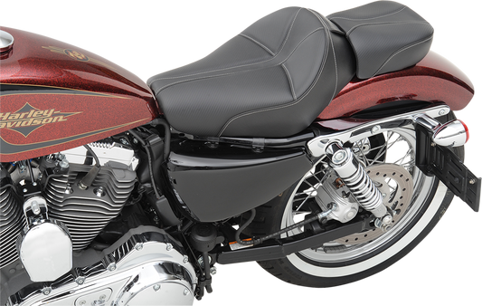 Black SADDLEMEN Dominator Pillion Pad with gray stitching, standard reach seat for motorcycles, designed for rider comfort.
