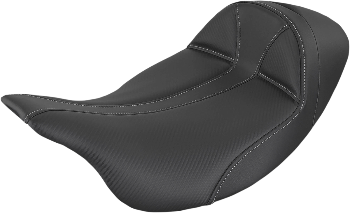 Black SADDLEMEN Dominator Low Solo Seat with gray stitching for Harley FL models from 2008 to 2023, designed for comfort and style.