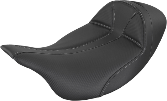 Black SADDLEMEN Dominator Low Solo Seat with gray stitching for Harley FL models from 2008 to 2023, designed for comfort and style.
