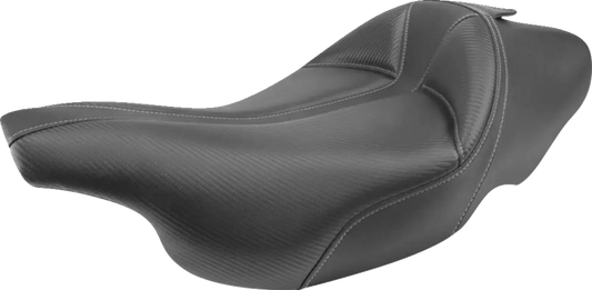 Black SADDLEMEN Dominator Solo Seat with gray stitching for FLHT/FLTR bikes, extended reach, stitched design, compatible with 1997-2007 models