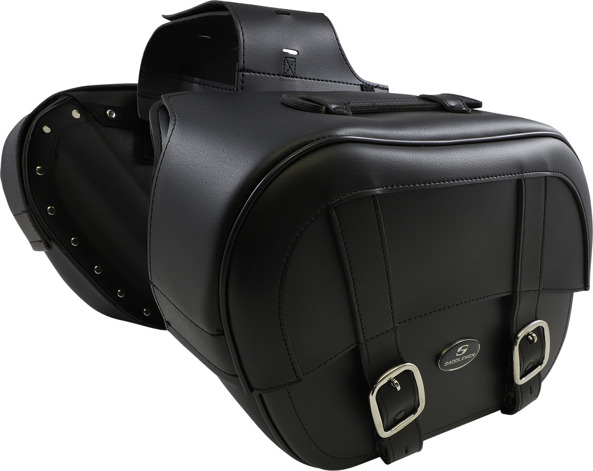 Black Saddlemens Drifter Saddlebags with Shock Cutaway on motorcycle seat, showcasing durable leather design and sleek black finish.