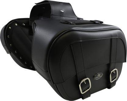 Black Saddlemens Drifter Saddlebags with Shock Cutaway on motorcycle seat, showcasing durable leather design and sleek black finish.