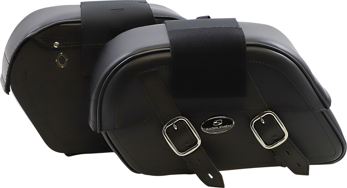 Large SADDLEMEN Drifter Slant Saddlebags by Bill's Exhausts, showcasing black leather seats with slant design and metal buckles.