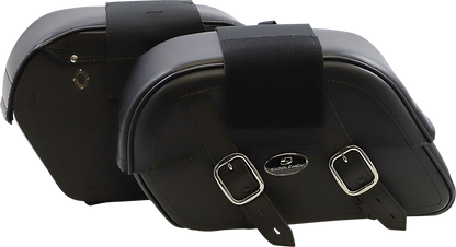 Large SADDLEMEN Drifter Slant Saddlebags by Bill's Exhausts, showcasing black leather seats with slant design and metal buckles.