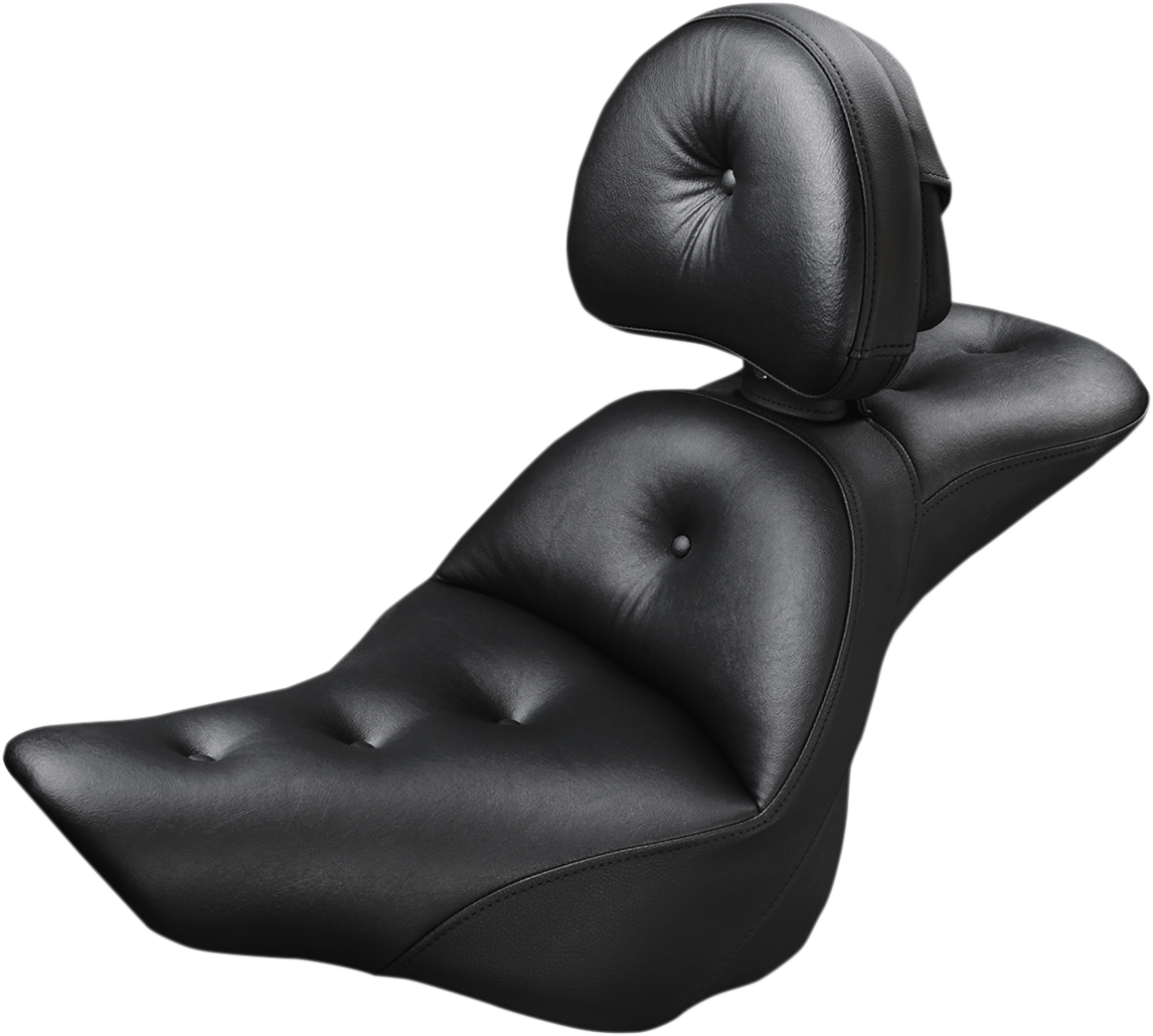 Bill's Exhausts Saddlemen Explorer Road Sofa Seat with backrest for FXSB motorcycle, featuring a comfortable, streamlined design.
