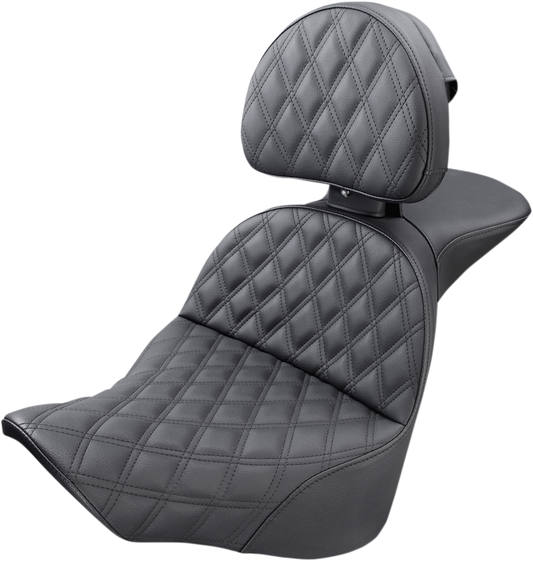 Bill's Exhausts Saddlemen Explorer seat with lattice stitching and backrest, designed for comfortable motorcycle riding.