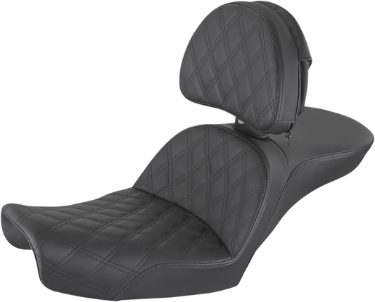 Bill's Exhausts Saddlemen Explorer Seat with lattice stitching and backrest, designed for comfortable motorcycle riding.
