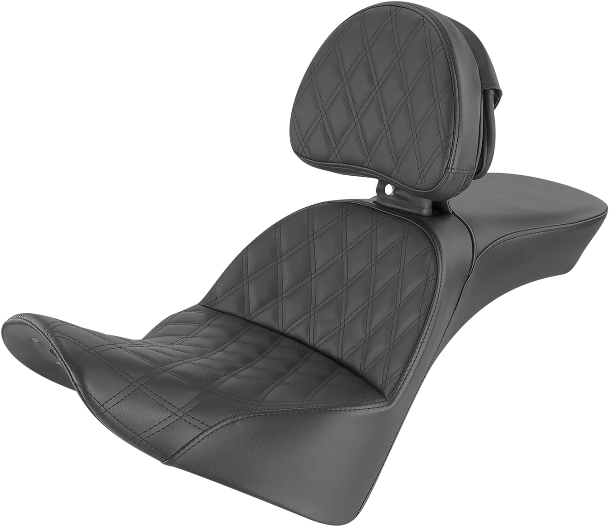 Bill's Exhausts SADDLEMEN Explorer Seat with lattice stitching and backrest, designed for comfortable motorcycle riding.