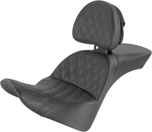 Bill's Exhausts SADDLEMEN Explorer Seat with lattice stitching and backrest, designed for comfortable motorcycle riding.