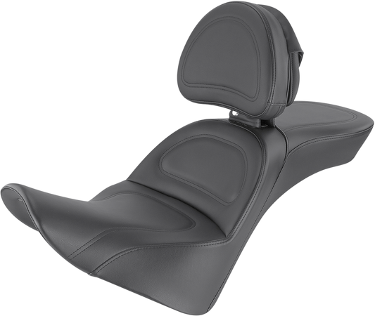 Bill's Exhausts Saddlemen Explorer Seat with driver backrest for FL models 2018-2022, showing padded seat and backrest in black