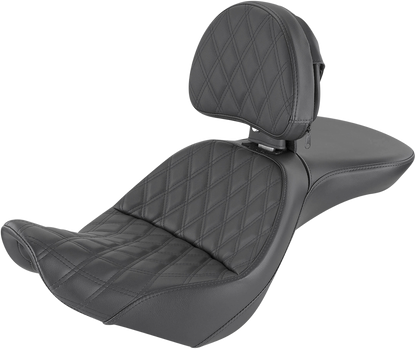 Black SADDLEMEN Explorer motorcycle seat with backrest and lattice stitching for FXST models, designed for comfort and style.
