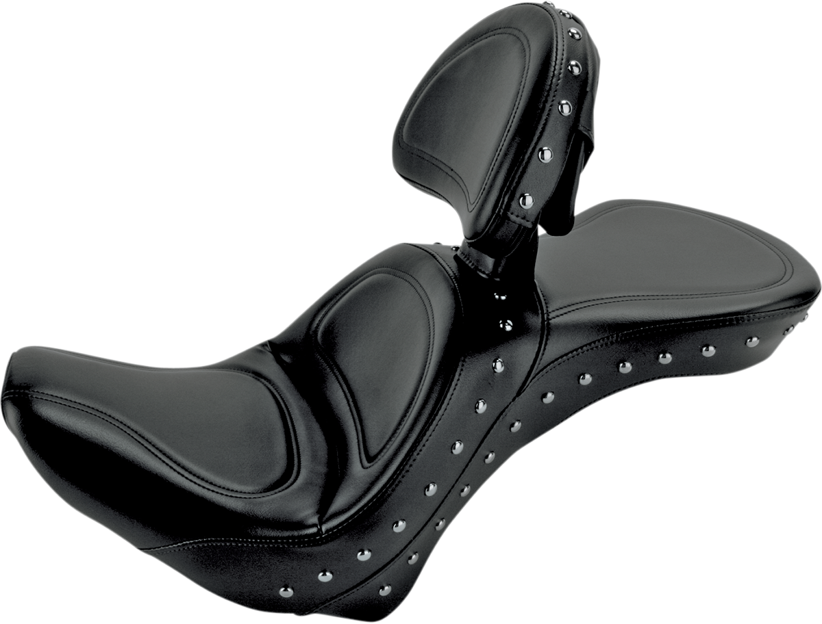 Bill's Exhausts Saddlemen Explorer Special Seat with backrest for FLSTC motorcycle, shown with black leather upholstery.
