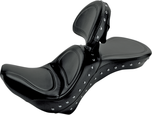 Bill's Exhausts Saddlemen Explorer Special Seat with backrest for FLSTC motorcycle, shown with black leather upholstery.