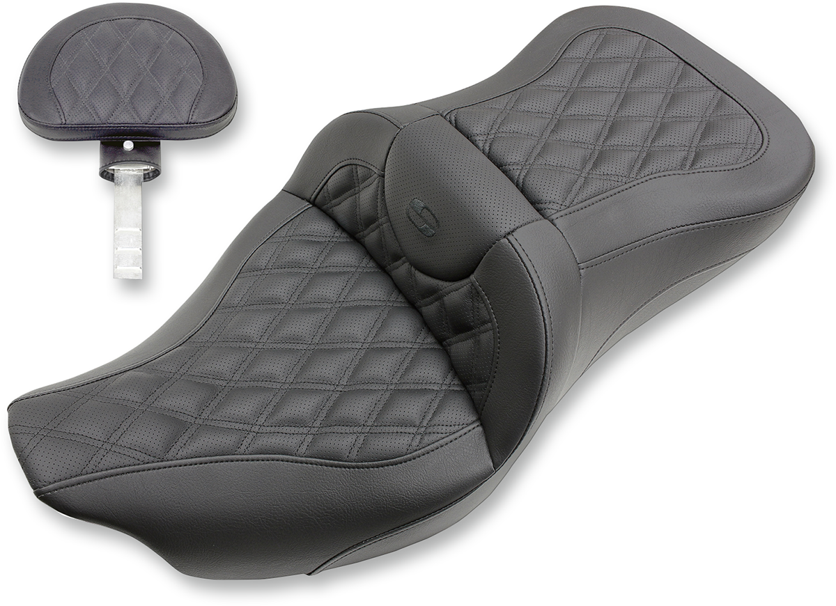 Bill's Exhausts SADDLEMEN Extended Reach Road Sofa Seat with lattice stitching and backrest for Harley FL models 2008-2023.