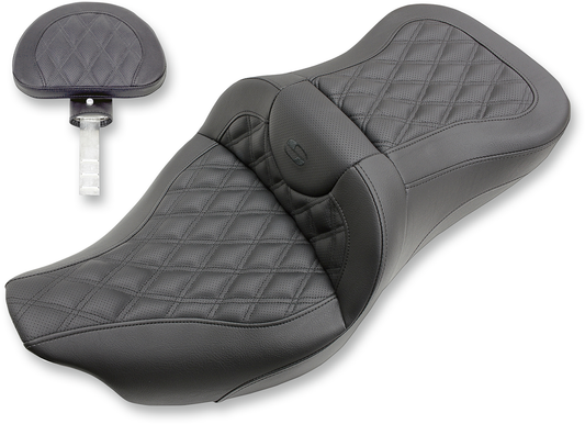 Bill's Exhausts SADDLEMEN Extended Reach Road Sofa Seat with lattice stitching and backrest for Harley FL models 2008-2023.