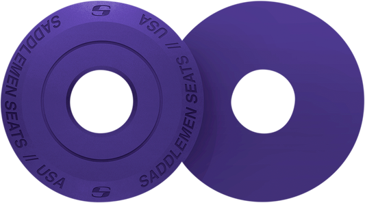Purple Saddlemen Fender Seat Washer for motorcycle seats by Bill's Exhausts, shown on a bike seat.