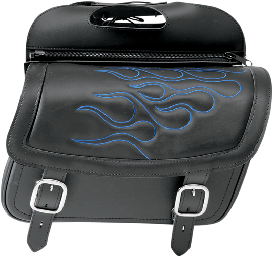 Blue SADDLEMEN Flame Saddlebag seat by Bill's Exhausts, featuring bold flame design and durable construction for motorcycle touring.