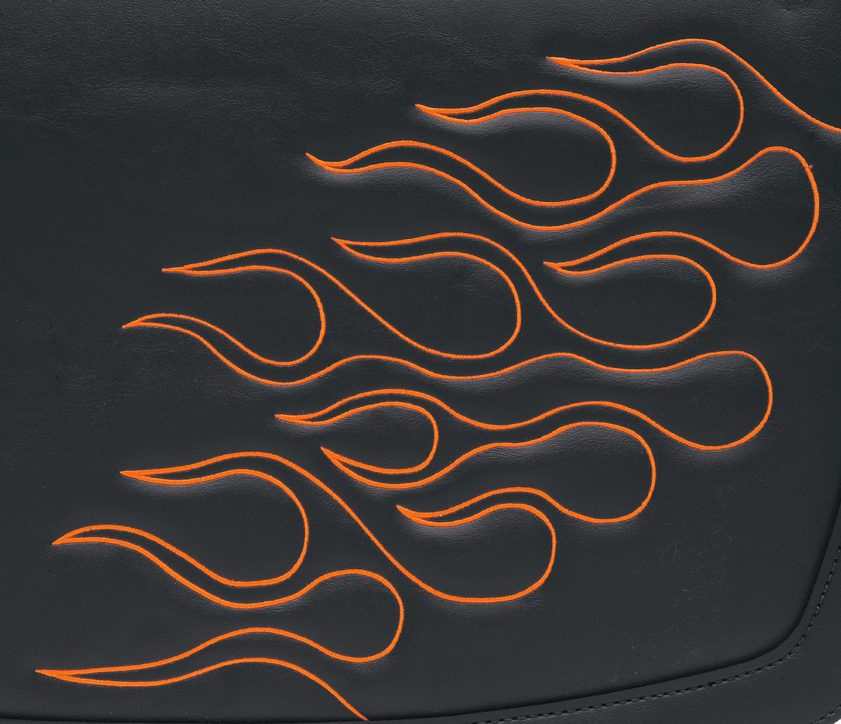 Orange Flame Saddlebag from SADDLEMEN, mounted on a motorcycle seat, showing its medium size and vibrant flame design.