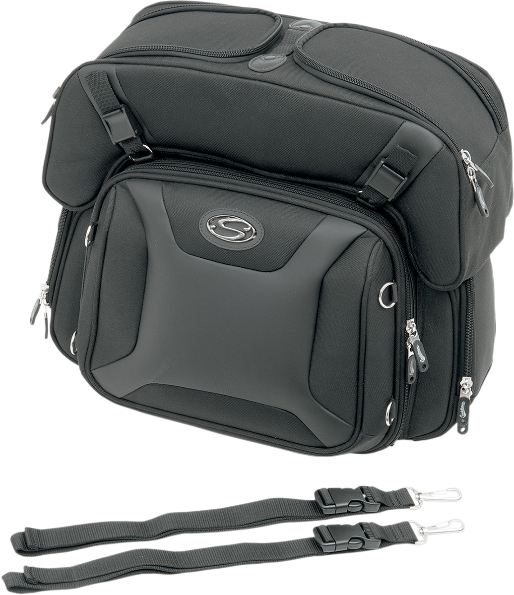 SADDLEMEN FTB2500 Sport Sissy Bar with Combo Bag on motorcycle seat, featuring sleek design and sturdy construction by Bill's Exhausts.