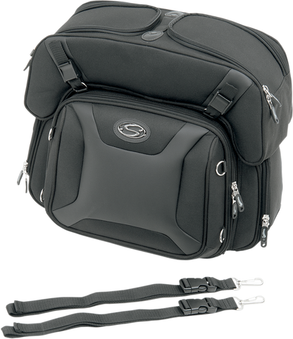 SADDLEMEN FTB2500 Sport Sissy Bar with Combo Bag on motorcycle seat, featuring sleek design and sturdy construction by Bill's Exhausts.