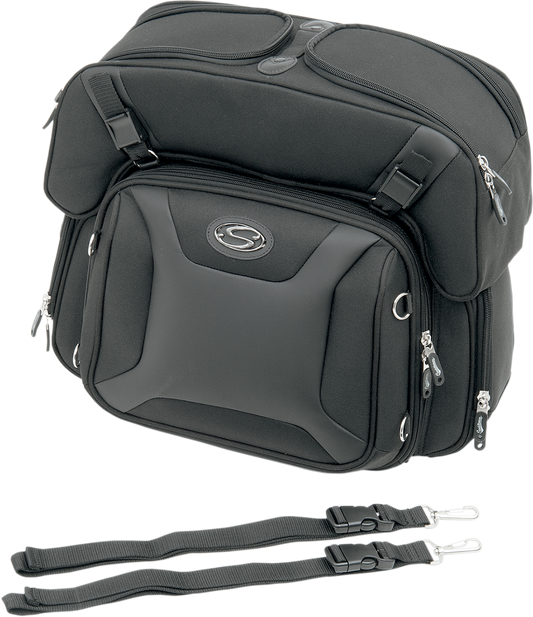 SADDLEMEN FTB2500 Sport Sissy Bar with Combo Bag on motorcycle seat, featuring sleek design and sturdy construction by Bill's Exhausts.