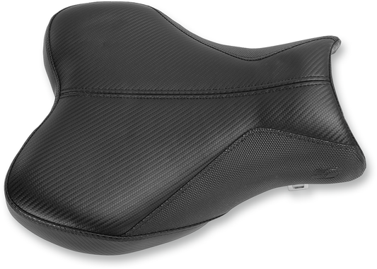 Bill's Exhausts Saddlemens GP-V1 motorcycle seat for GSX '09-'16, standard size, shown on the bike with detailed stitching and design.