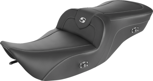 Bill's Exhausts SADDLEMEN Heated Roadsofa Seat in carbon fiber, showcasing the sleek, contoured motorcycle seat with heating feature.