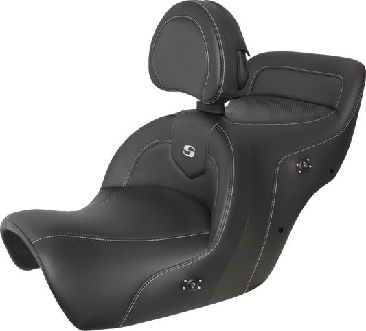 Bill's Exhausts SADDLEMEN heated Roadsofa seat with carbon fiber finish, includes backrest, in black, designed for motorcycle comfort