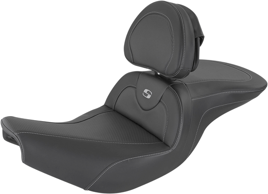 Bill's Exhausts heated Roadsofa seat with carbon fiber finish, includes backrest, designed for Indian motorcycles, black color