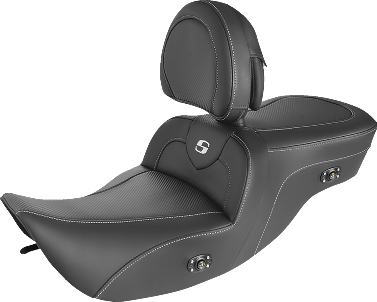 Saddlemens Heated Roadsofa Seat with carbon fiber finish and backrest, designed for motorcycle comfort and style.
