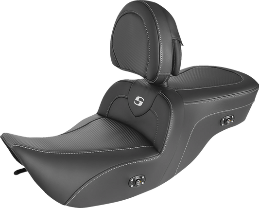 Saddlemens Heated Roadsofa Seat with carbon fiber finish and backrest, designed for motorcycle comfort and style.