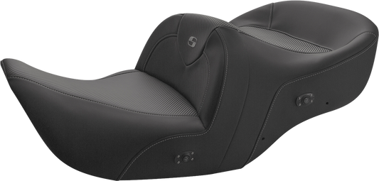 Black SADDLEMEN Heated Roadsofa Seat with carbon fiber finish, without backrest, designed for motorcycle comfort and style.