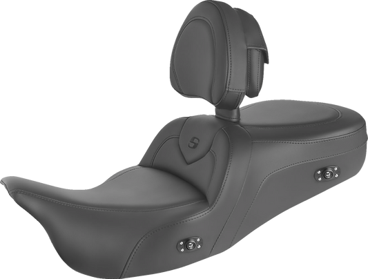 Bill's Exhausts heated RoadSofa seat with backrest in black with black stitching for trikes, featuring a cushioned riding surface.