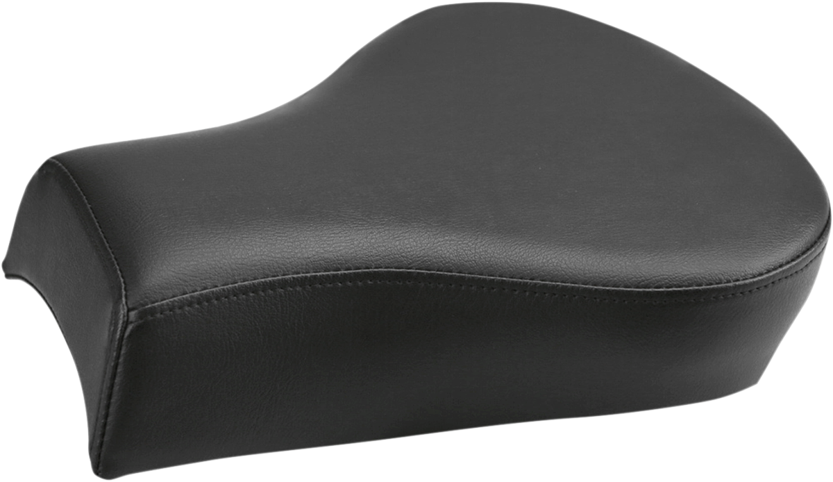 Black Saddlemens Heels Down Touring Pillion Pad seat for motorcycles, designed for comfortable passenger riding.