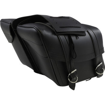 Bill's Exhausts Saddlemen Highwayman slant-style saddlebags on motorcycle, medium size, rugged design, built for long rides.