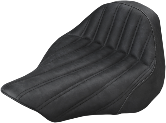 Bill's Exhausts SADDLEMEN Knuckle Solo Seat for FXSB motorcycle, featuring sleek black leather and streamlined design.